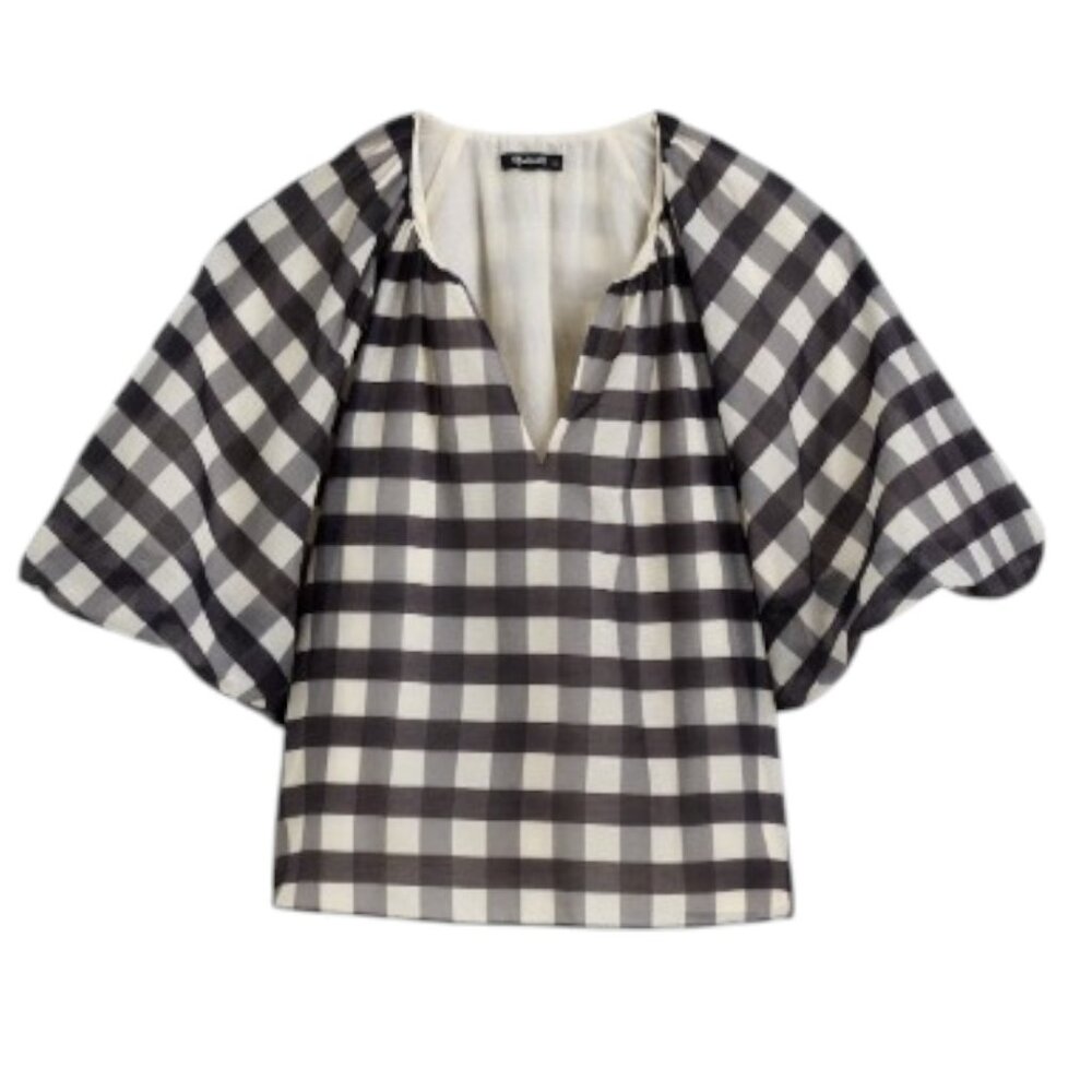 MADEWELL Gingham Silk Blend Bubble-Sleeve Top Women's Size 2